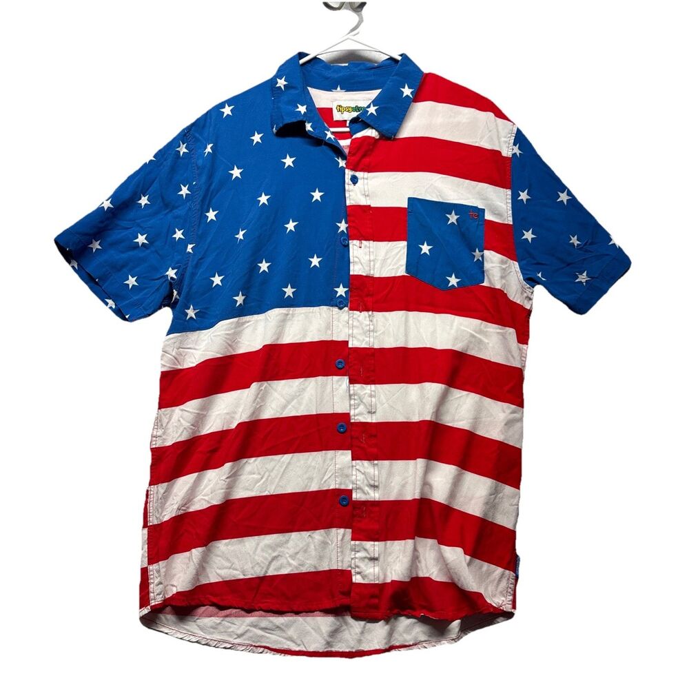 Tipsy Elves Men's American Flag Hawaiian Shirt Vacation Wear Beach Shirt XL
